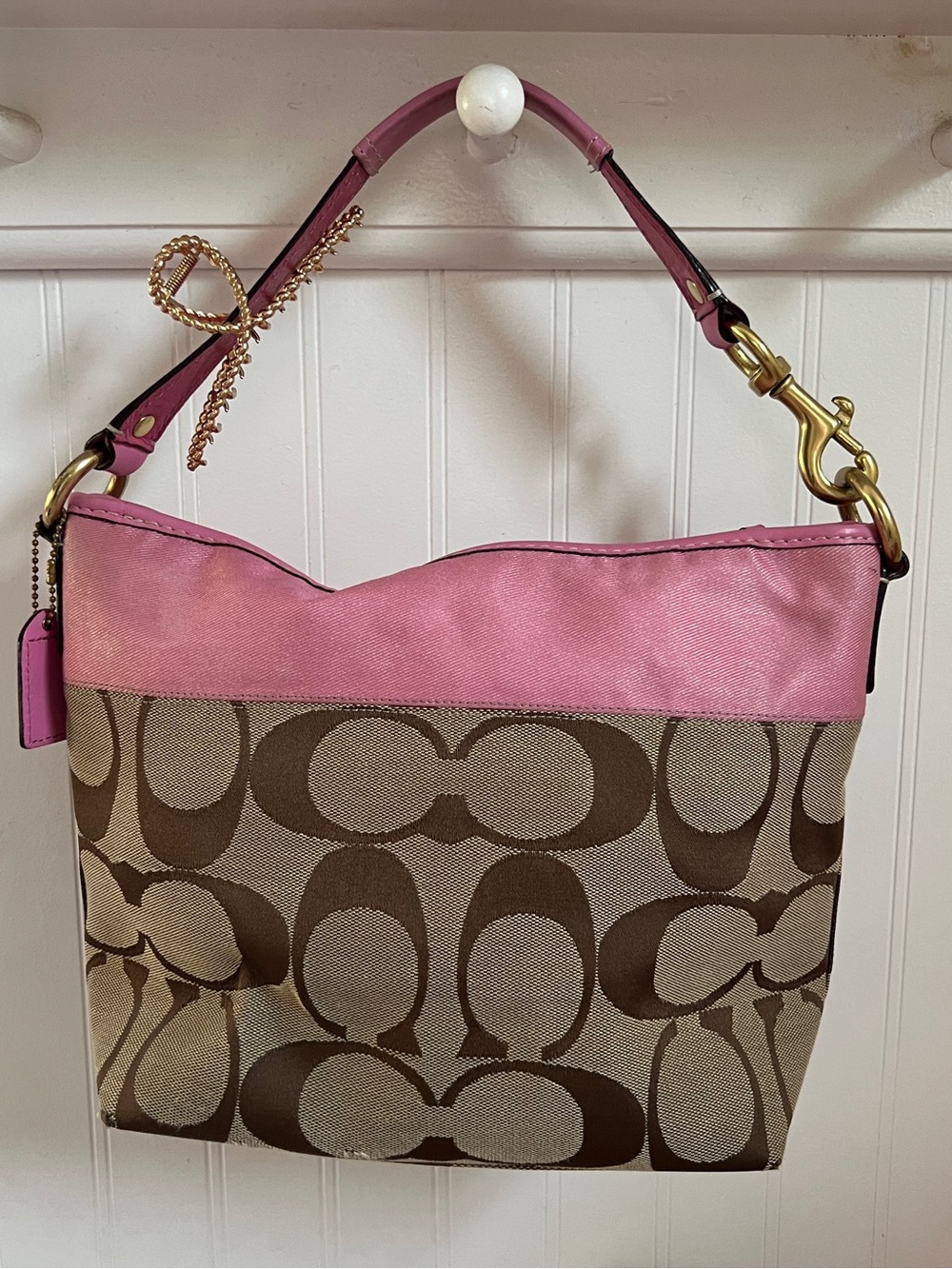 Coach Hobo Bag Medium Pink Khaki Signature Monogram Satin Leather 11957 - Picture 3 of 16